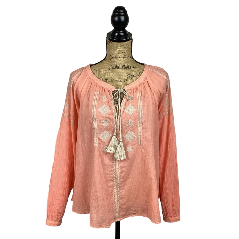 Ann Taylor Loft Embroidered Tie Blouse Orange BOHO Peasant Cottage Core Hippy